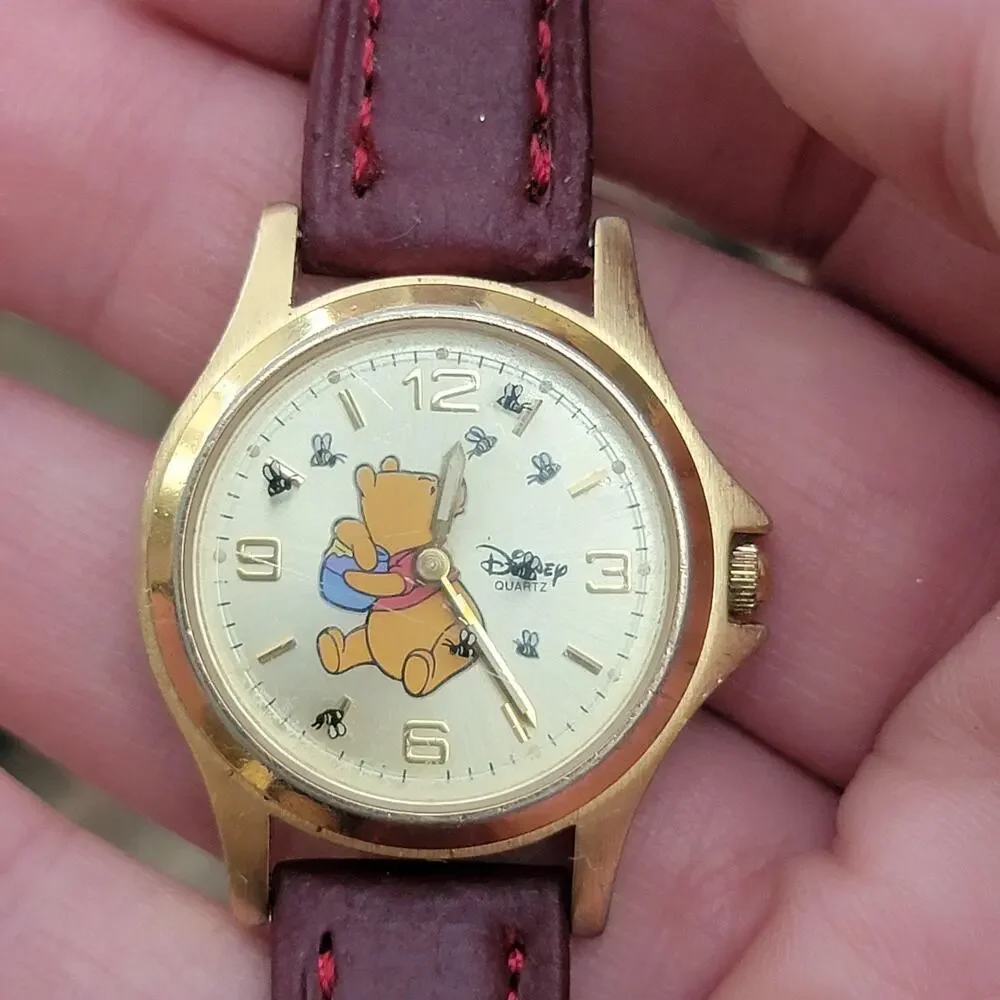 Vintage Disney Time Works Winnie The Pooh Boys Watch Gold Champagne Dial Brown